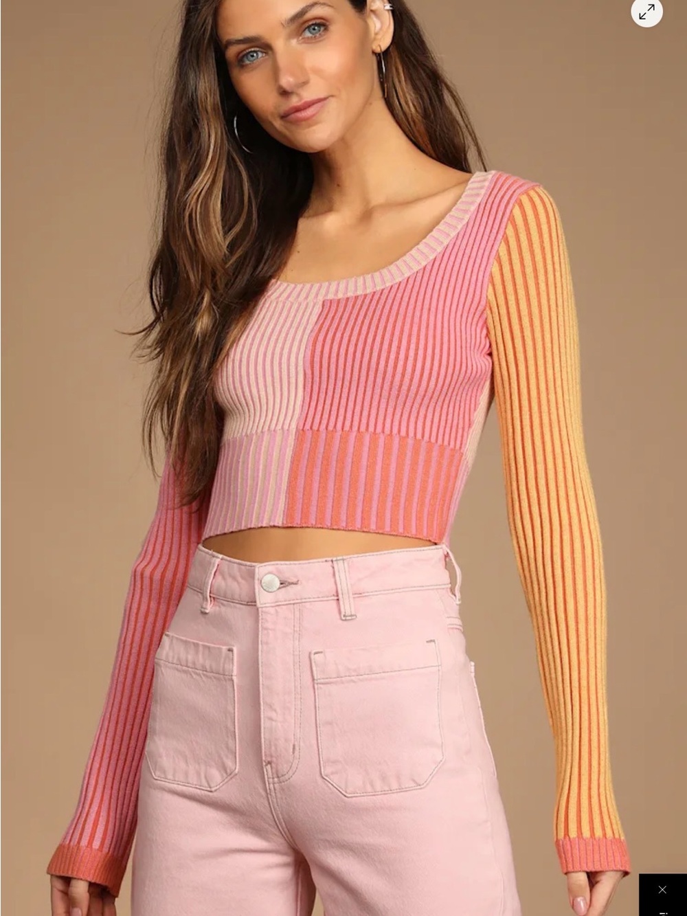 Lulu's Pink & Orange Colorblock Ribbed Scoop Crop Top